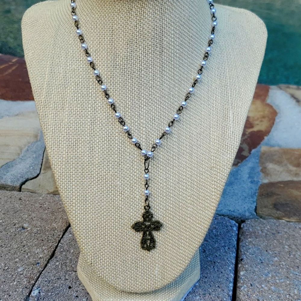Bronze plated pearl necklace with drop cross.